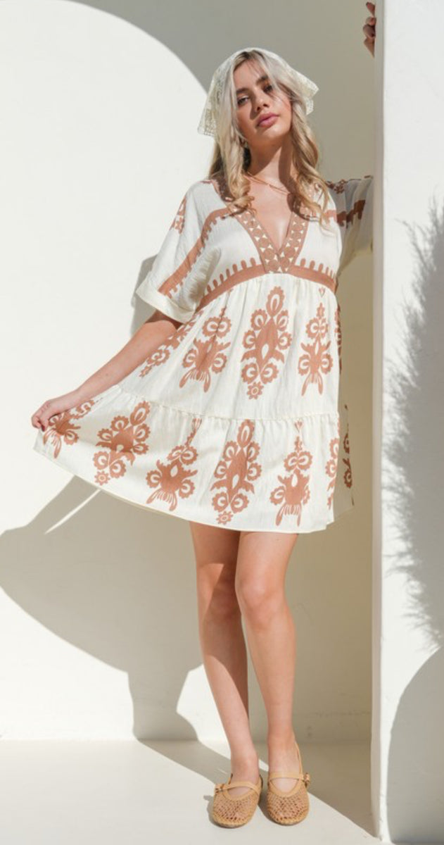 Ivory Print Babydoll Dress Large