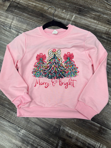 Girls Pink Trees Merry & Bright Sweatshirt