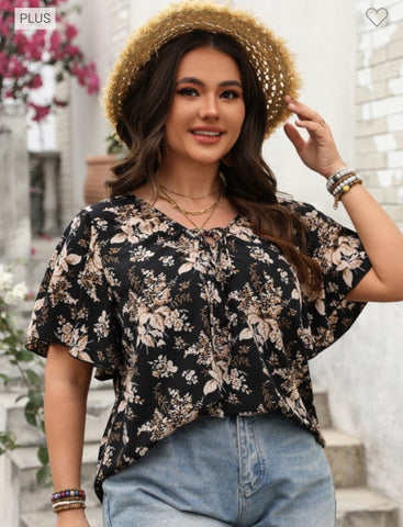 Black Floral Plus Size Flutter Sleeve Top