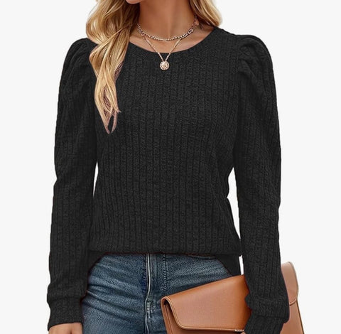 Black Puff-Shoulder Knit Sweater