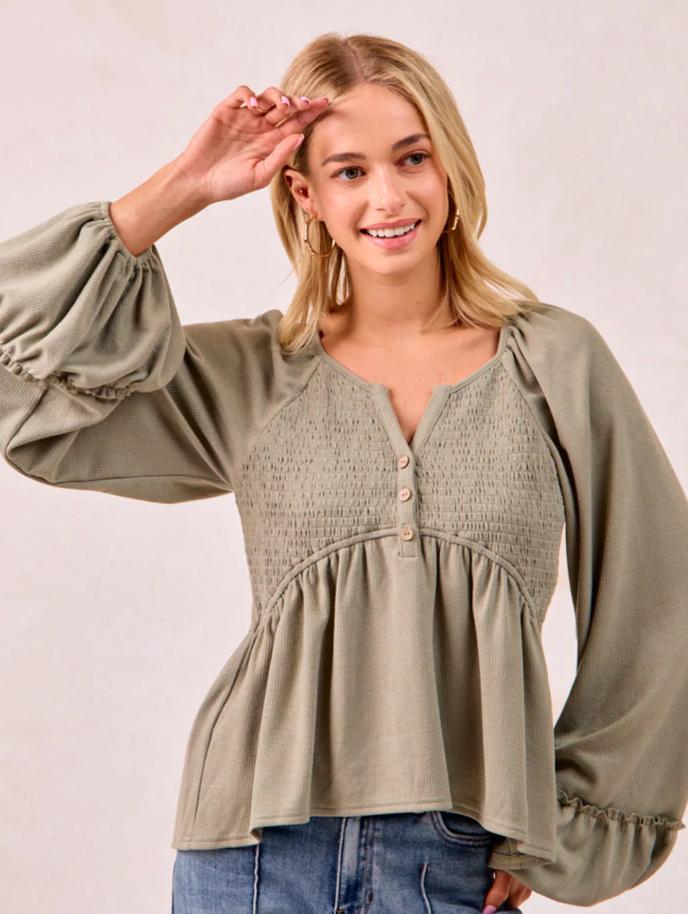 Sage Smocked Peplum Blouse
