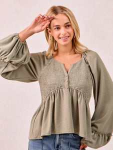 Sage Smocked Peplum Blouse