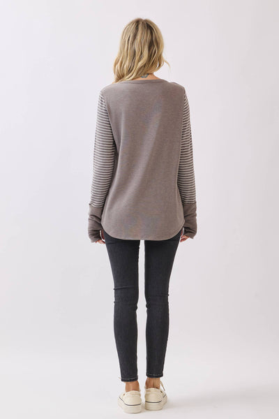 Mocha Stripe Sleeve Henley Top