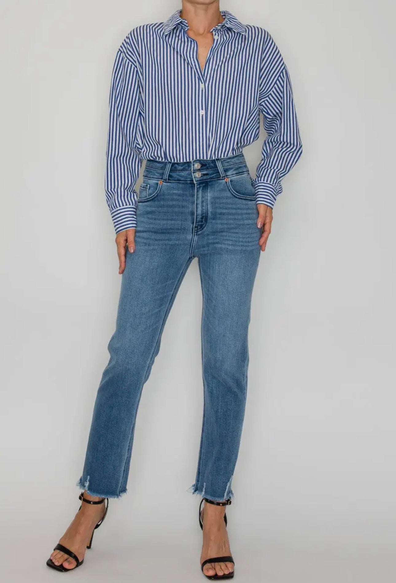 High-Rise Frayed Hem Straight Jeans