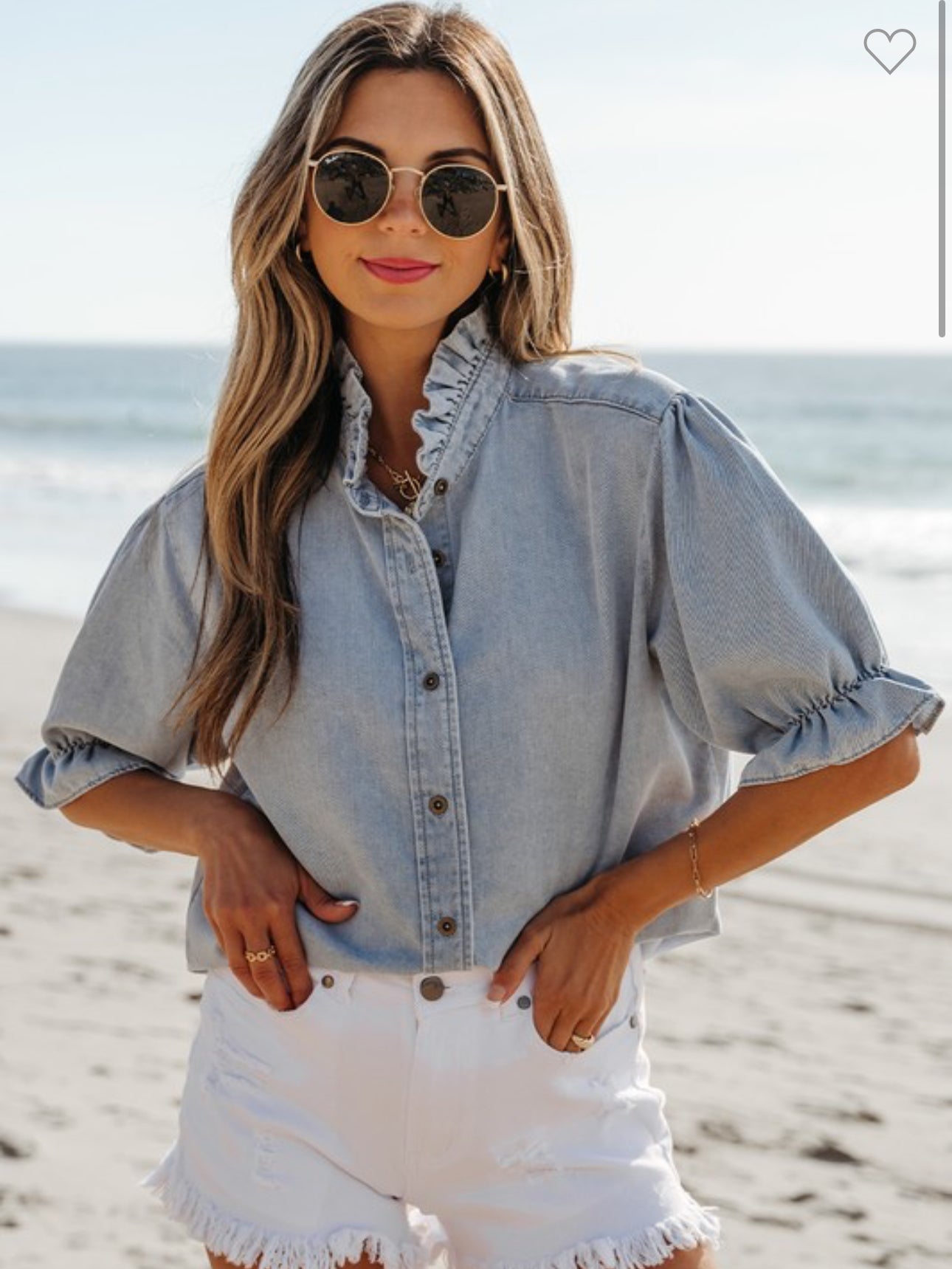 Denim Puff Sleeve Chambray Top