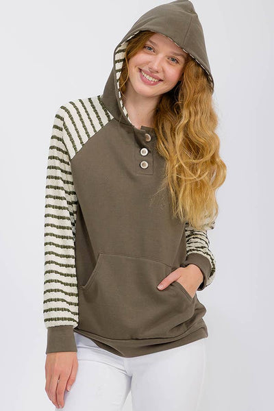 Olive Stripe Sleeve Henley Hoodie