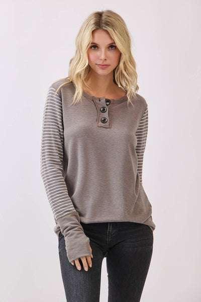 Mocha Stripe Sleeve Henley Top