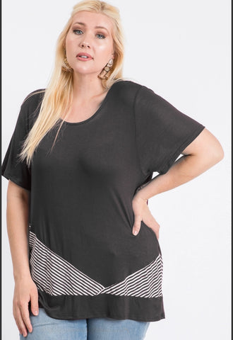 Plus Size Black Top with Striped Hem Detail