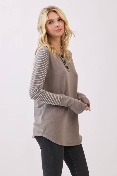Mocha Stripe Sleeve Henley Top