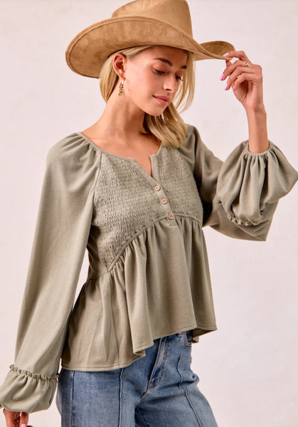 Sage Smocked Peplum Blouse