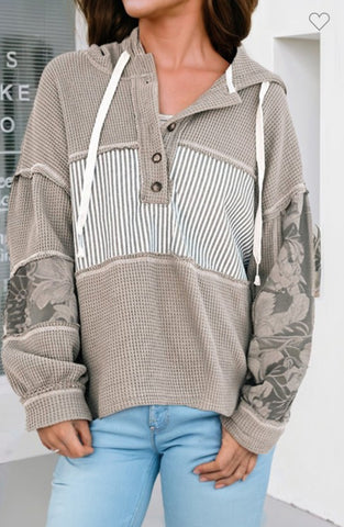 Gray Floral Contrast Hoodie