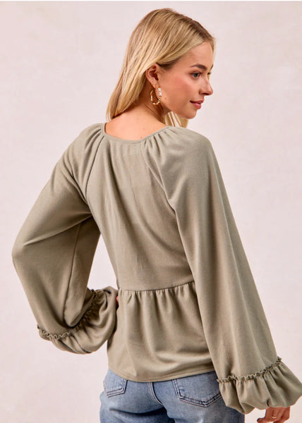 Sage Smocked Peplum Blouse