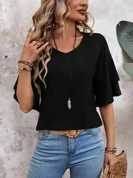 Black Flutter Sleeve V-Neck Top