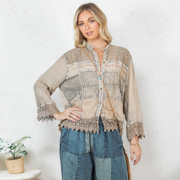 Boho Lace Trim Button-Up Top Shacket