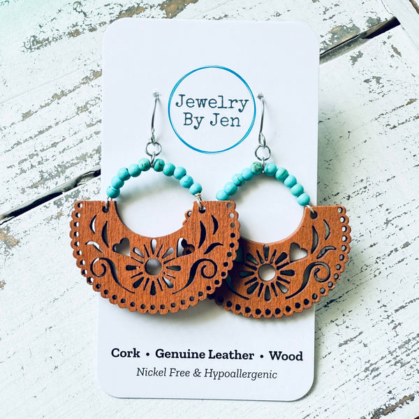 Brown & Turquoise Wood Cutout Earrings