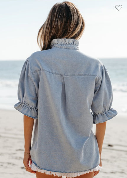 Denim Puff Sleeve Chambray Top