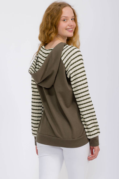 Olive Stripe Sleeve Henley Hoodie