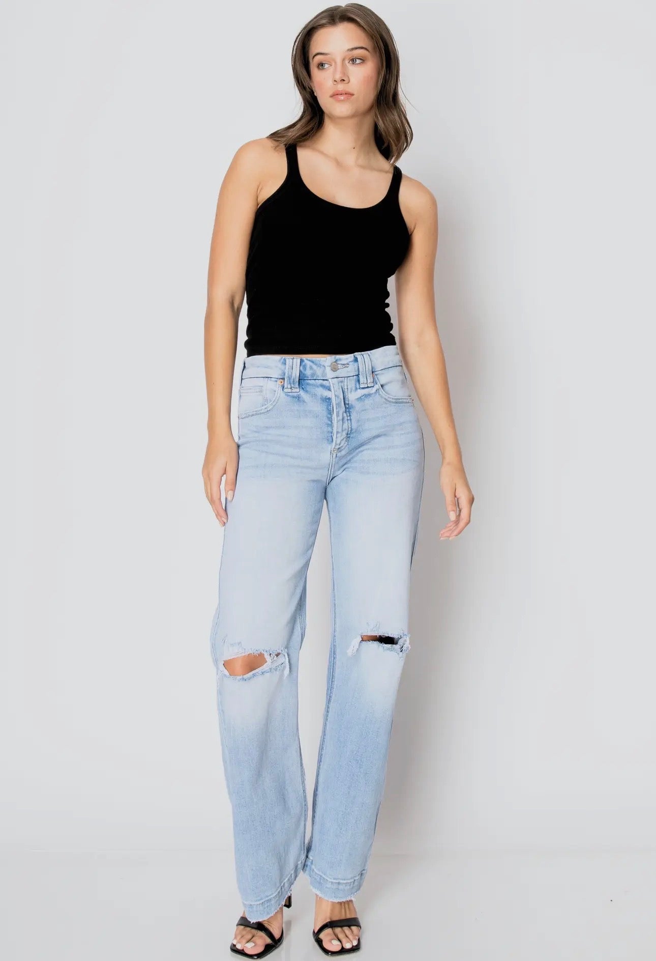 Light Wash Distressed Wide-Leg Jeans