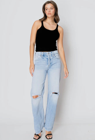 Light Wash Distressed Wide-Leg Jeans