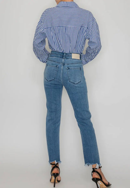 High-Rise Frayed Hem Straight Jeans