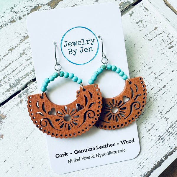 Brown & Turquoise Wood Cutout Earrings