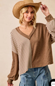 Striped & Solid Contrast V Neck Top