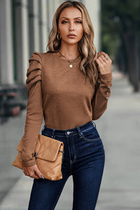 Brown Ruched Sleeve Top