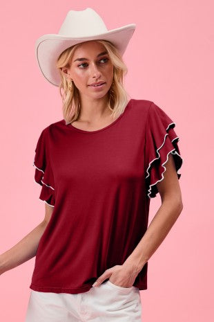 Burgundy Ruffle Sleeve Top