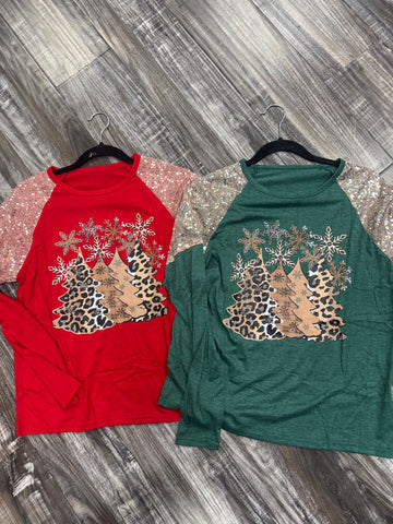 Glitter Sleeve Leopard Tree Christmas Tops