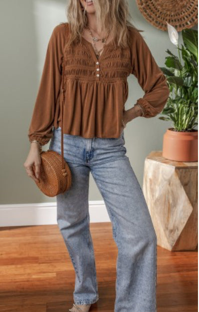 Smocked Mocha V Neck Top