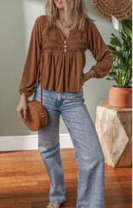 Smocked Mocha V Neck Top