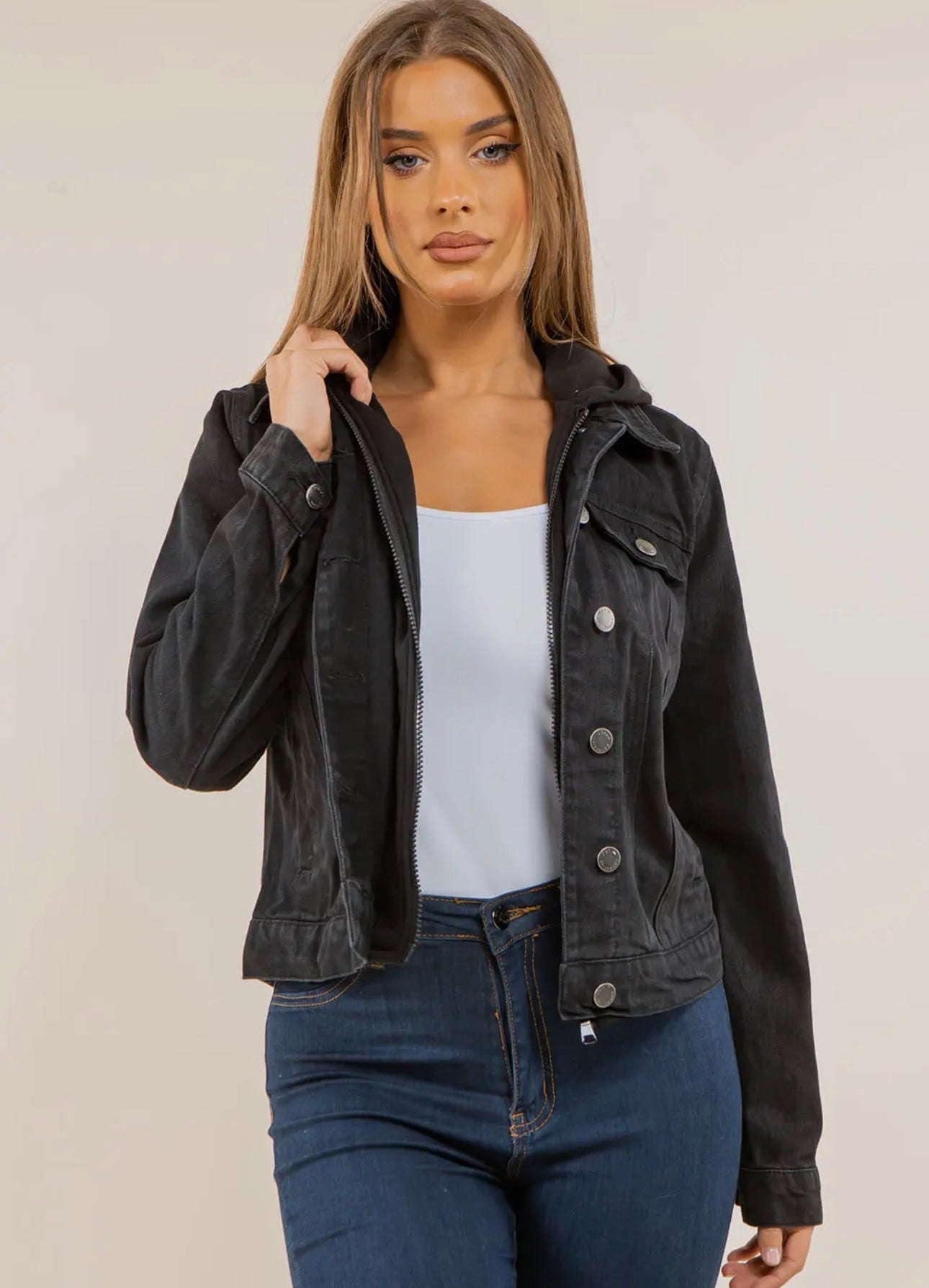 Black Denim Jacket with Hoodie Insert
