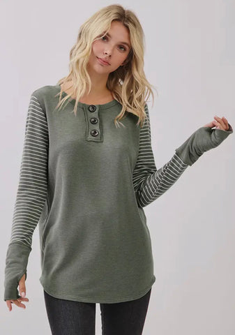 Striped Sleeve Button Henley Top