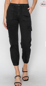 Plus Size Risen Black Washed Cargo Jogger Pants