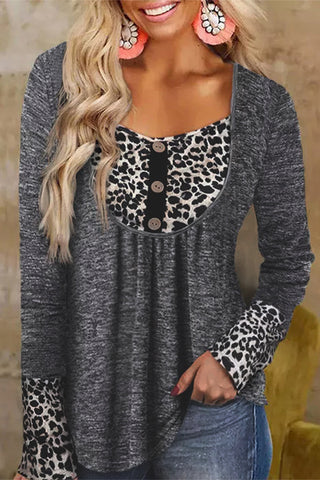 Grey Leopard Patchwork Button Top