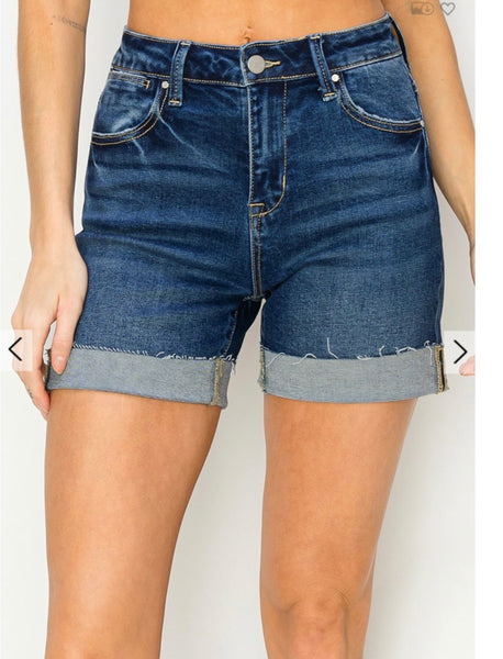Risen High-Rise Cuffed Denim Shorts