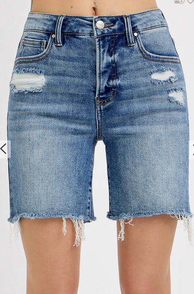 Risen Tummy Control Mid-Length Denim Shorts