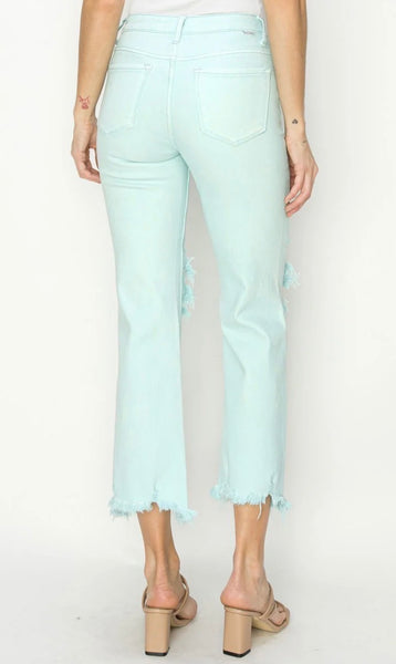 Risen Mint Distressed Crop Flare Jeans