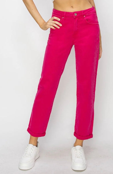 Risen Hot Pink Cuffed Straight-Leg Jeans
