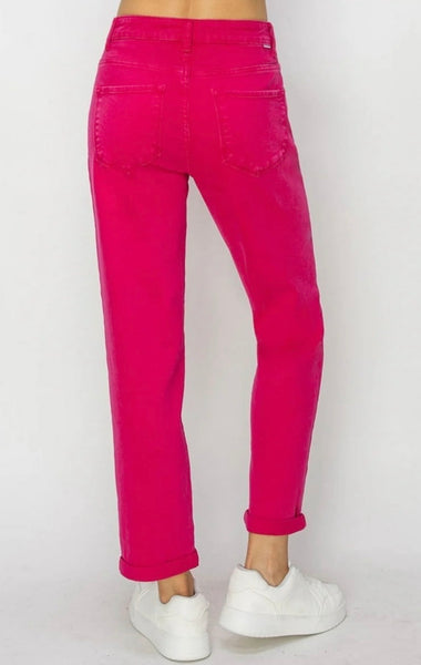 Risen Hot Pink Cuffed Straight-Leg Jeans
