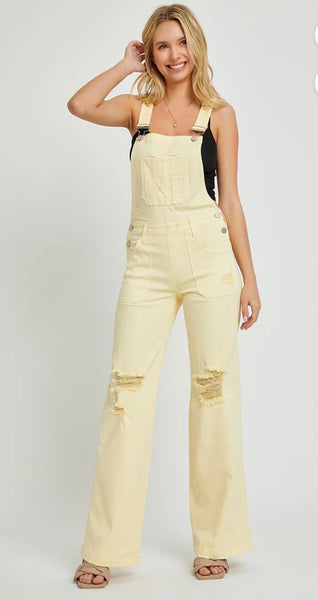 Risen Soft Yellow Distressed Denim Overalls