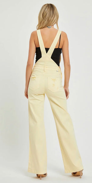 Risen Soft Yellow Distressed Denim Overalls
