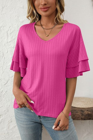 Pink V Neck Ruffle Sleeve