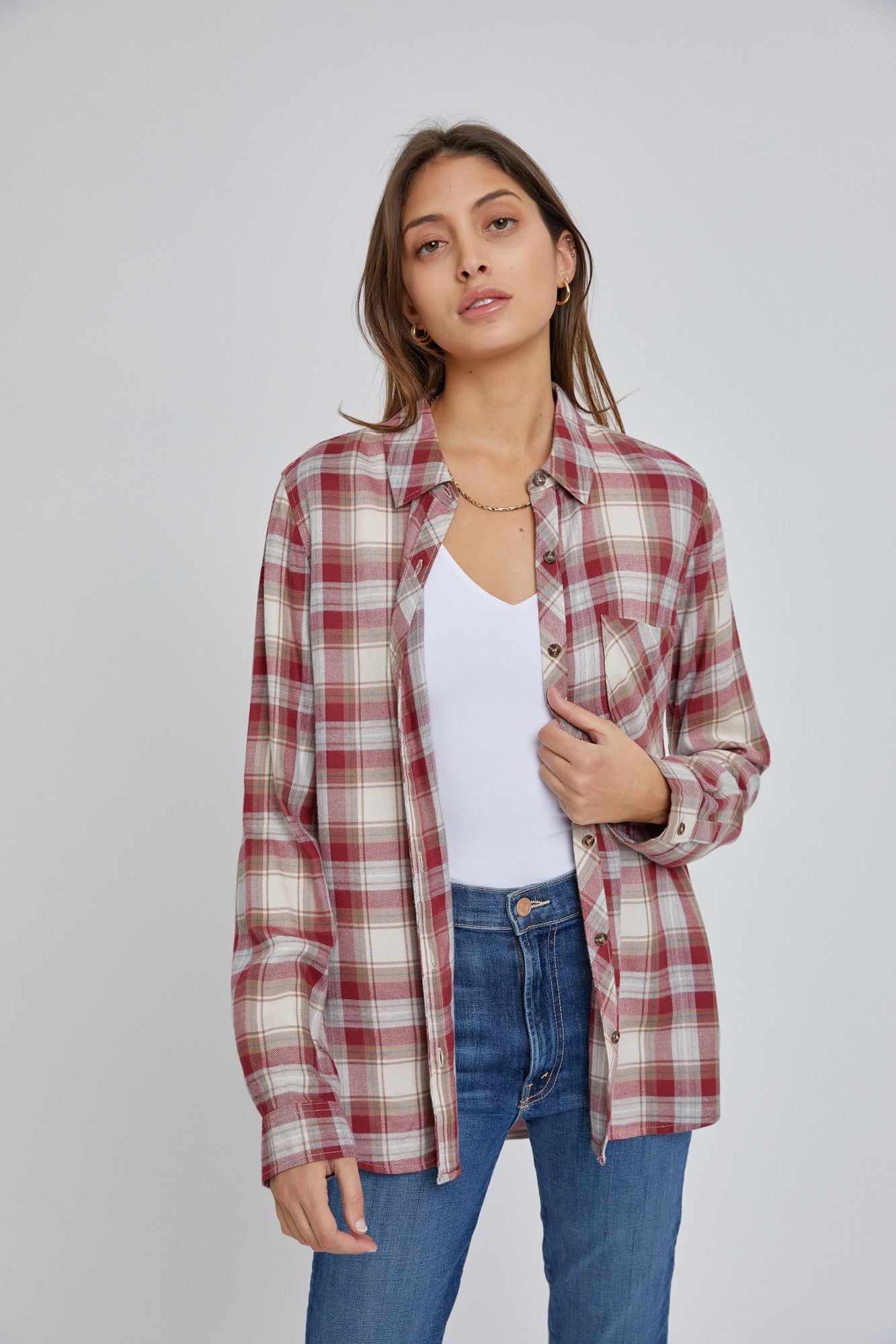 Wine Plaid Flannel Button Down