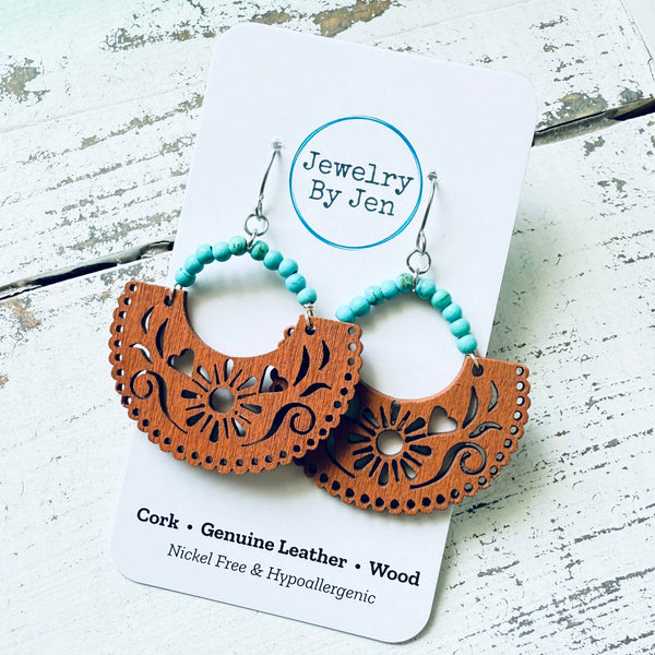 Brown & Turquoise Wood Cutout Earrings