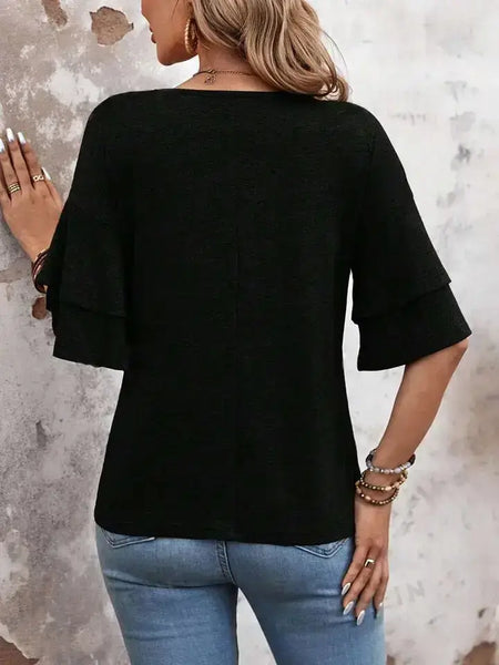 Black Flutter Sleeve V-Neck Top