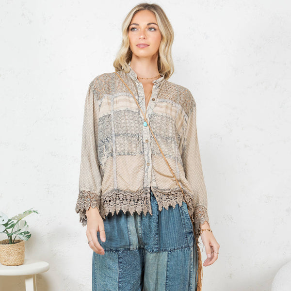 Boho Lace Trim Button-Up Top Shacket