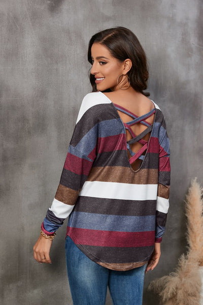 Striped Crisscross Back Long Sleeve Top
