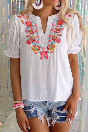 Embroidered Ruffle Sleeve Blouse
