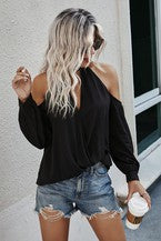 Black Open Shoulder V Neck Top